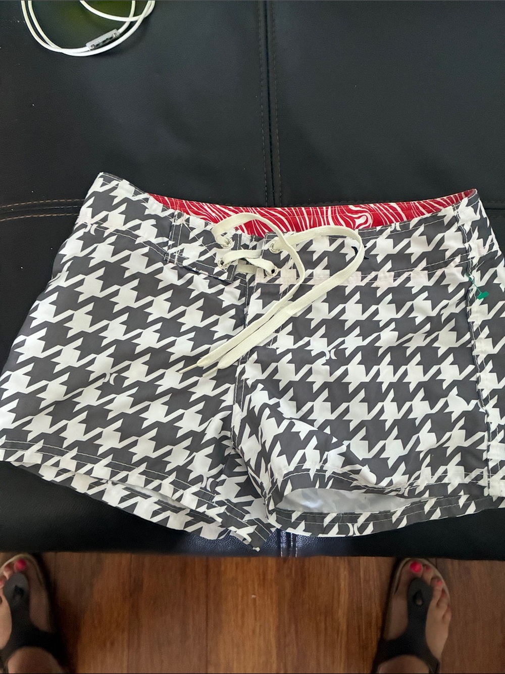 Hurley Black & White Houndstooth Swim Trunks with Red Liner